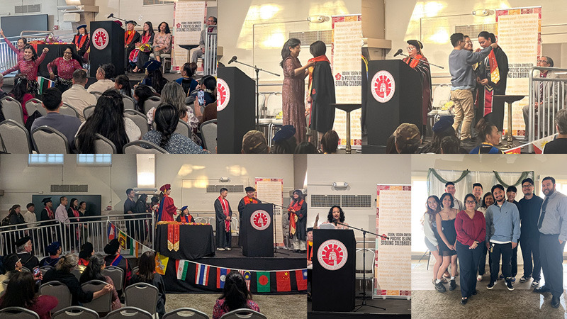 May 2025 AAPI Stoling Ceremony A collage of four photos from CSU Channel Islands' first-ever AAPI Stoling Ceremony, featuring graduates receiving commemorative stoles on stage, speakers at the podium, and a group photo of students and staff.