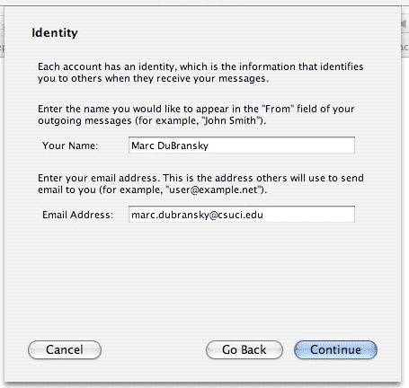 Screenshot of Identity window; includes 2 fields to be filled out: "Your Name" and "Email Address"
