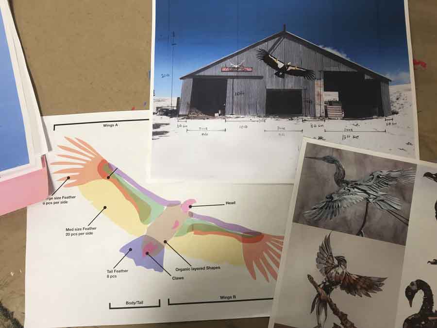 The studentsʼ research photos and schematic drawings for the condor project. The sculpture will be mounted on the refugeʼs barn gable and will be visible from the main road. They are planning to have it installed during the spring of 2020.