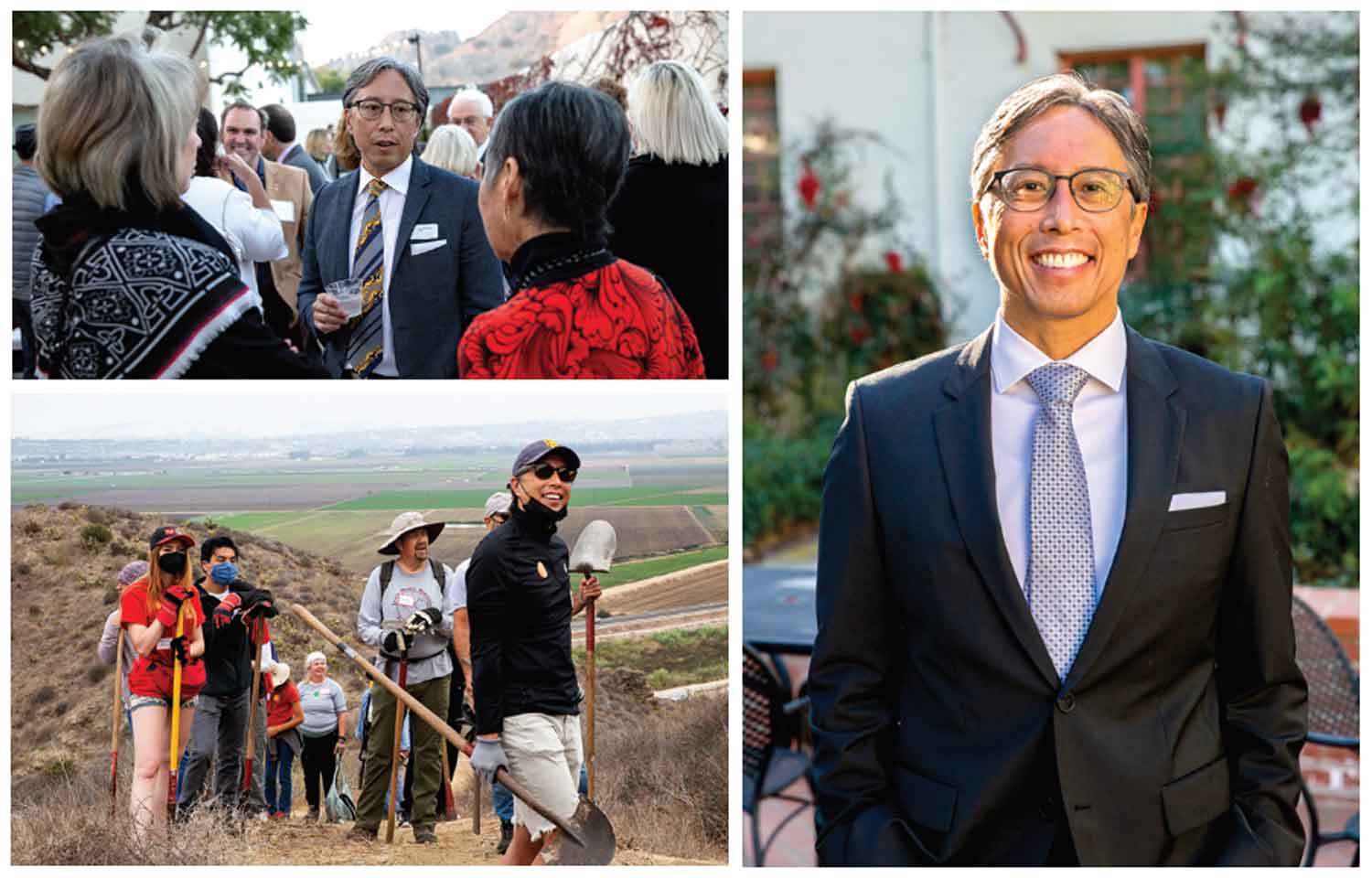 President Richard Yao serves CSUCI in many capacities: connecting with donors, restoring a Chumash trail on Round Mountain — Sat’wiwa with staff and students. President Richard Yao serves CSUCI in many capacities: connecting with donors, restoring a Chumash trail on Round Mountain — Sat’wiwa with staff and students.