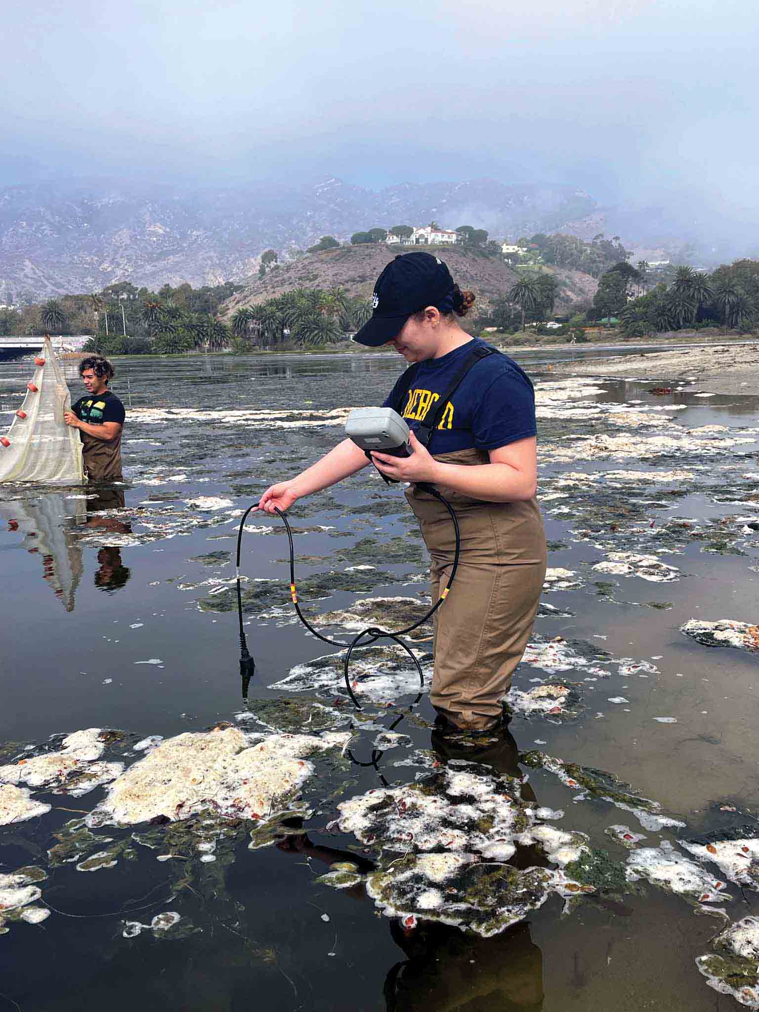 Adalhia Estrada takes water quality measurements while Bryan Loya Acevedo pulls a net through the Malibu Lagoon. Adalhia Estrada takes water quality measurements while Bryan Loya Acevedo pulls a net through the Malibu Lagoon.