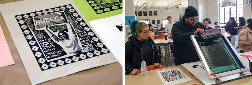 Left: a screenprint designed by student Jose Galvan Martinez dries; Right: Galvan Martinez shows Jesica Carranza how to print. Left: a screenprint designed by student Jose Galvan Martinez dries; Right: Galvan Martinez shows Jesica Carranza how to print