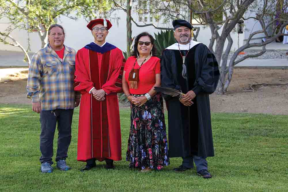 President Yao poses with Chumash representatives Matthew Vestuto, Eleanor Fishburn and Raudel J. Bañuelos Jr. President Yao poses with Chumash representatives Matthew Vestuto, Eleanor Fishburn and Raudel J. Bañuelos Jr.