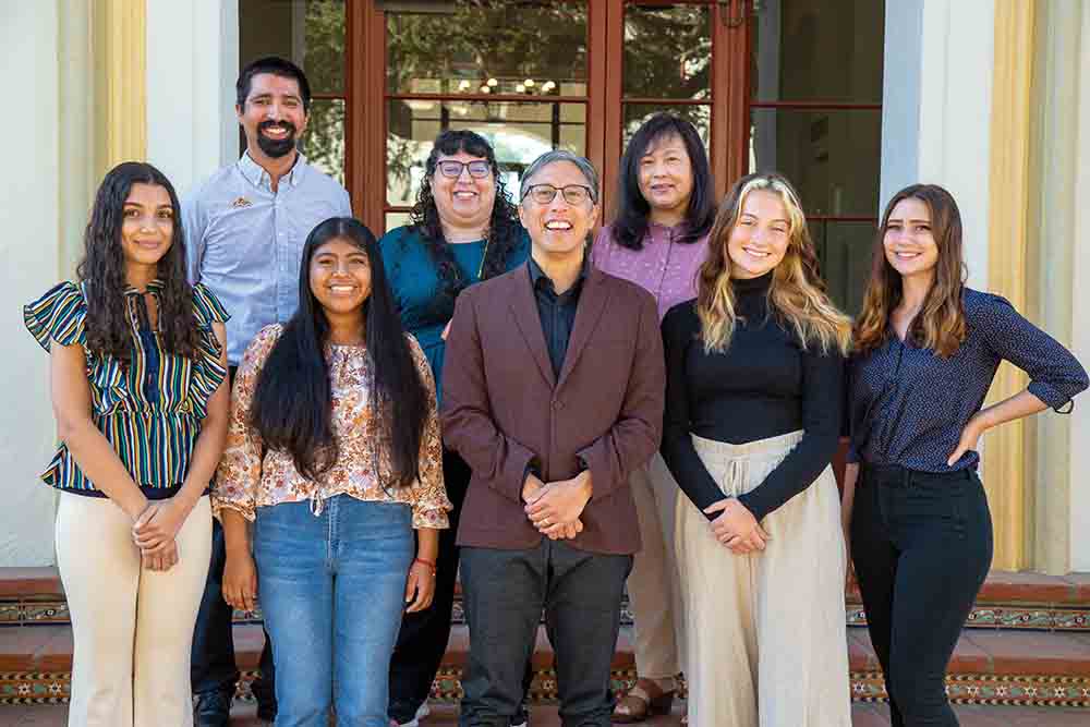 Front Row President Yao, center, with (left to right) President’s Scholars Caleigh Tupy, Martha Maldonado-Arias, Addy Piper, and Sheradyn Ruef. Back Row Faculty Advisor Luis Sánchez, Advisor Sunshine Garcia, and Faculty Advisor Kimmy Kee-Rose. Front Row President Yao, center, with (left to right) President’s Scholars Caleigh Tupy, Martha Maldonado-Arias, Addy Piper, and Sheradyn Ruef. Back Row Faculty Advisor Luis Sánchez, Advisor Sunshine Garcia, and Faculty Advisor Kimmy Kee-Rose.