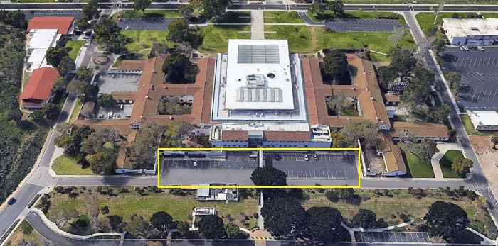 Aerial image of parking lot behind Broome Library on the CSUCI campus