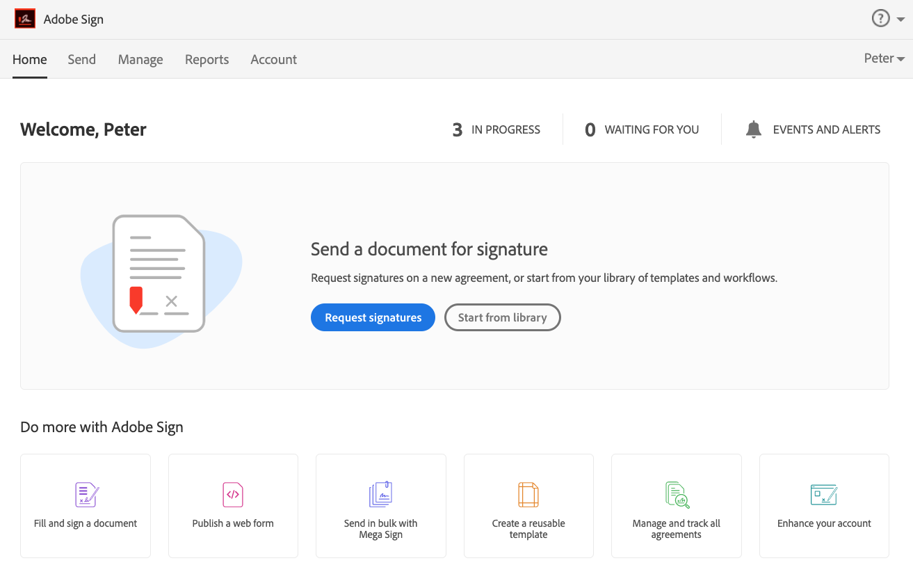 Screenshot of Adobe Sign landing page, Home tab