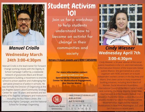 Student Activism 101 Workshop 3/24 and 4/7 orange background with white a black font announcing event with descritpion of speakers and zoom link to join