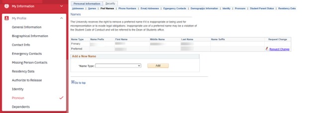Screenshot of Preferred Names Screenshot of Preferred Names