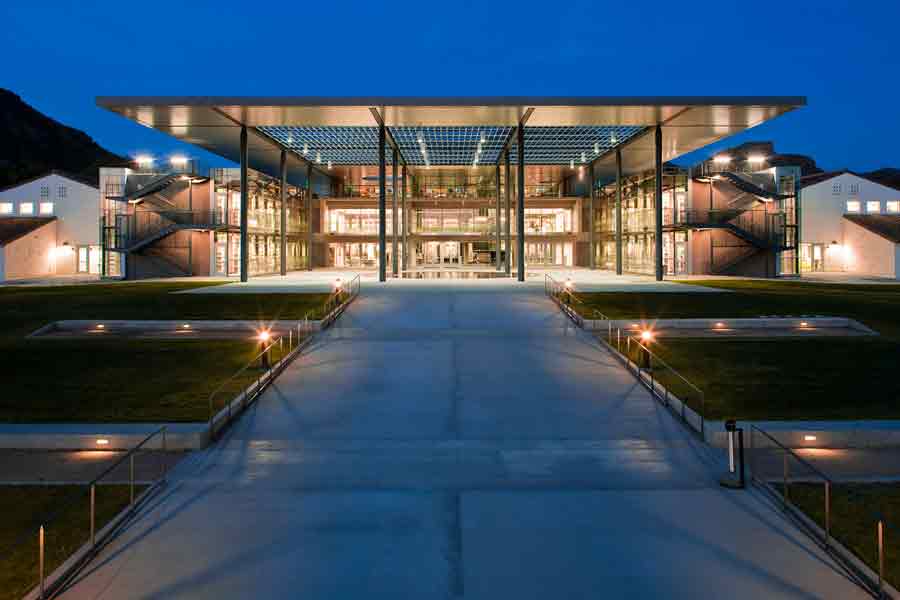 The image for John Broome Library during the night
